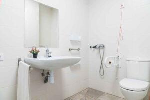 a bathroom with support rails and a low toilet